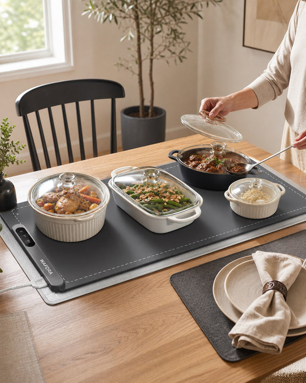 WAFORA™ TableWarm XL Roll-Up Food Warming Mat keeping dishes warm on a dining table