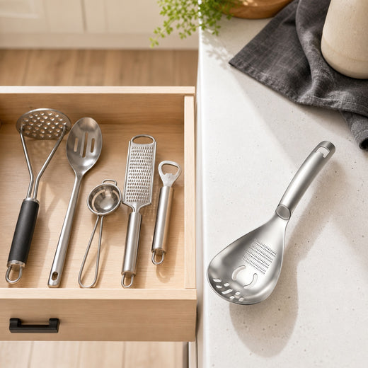 Separate kitchen gadgets beside one WAFORA MashMate multifunction kitchen spoon