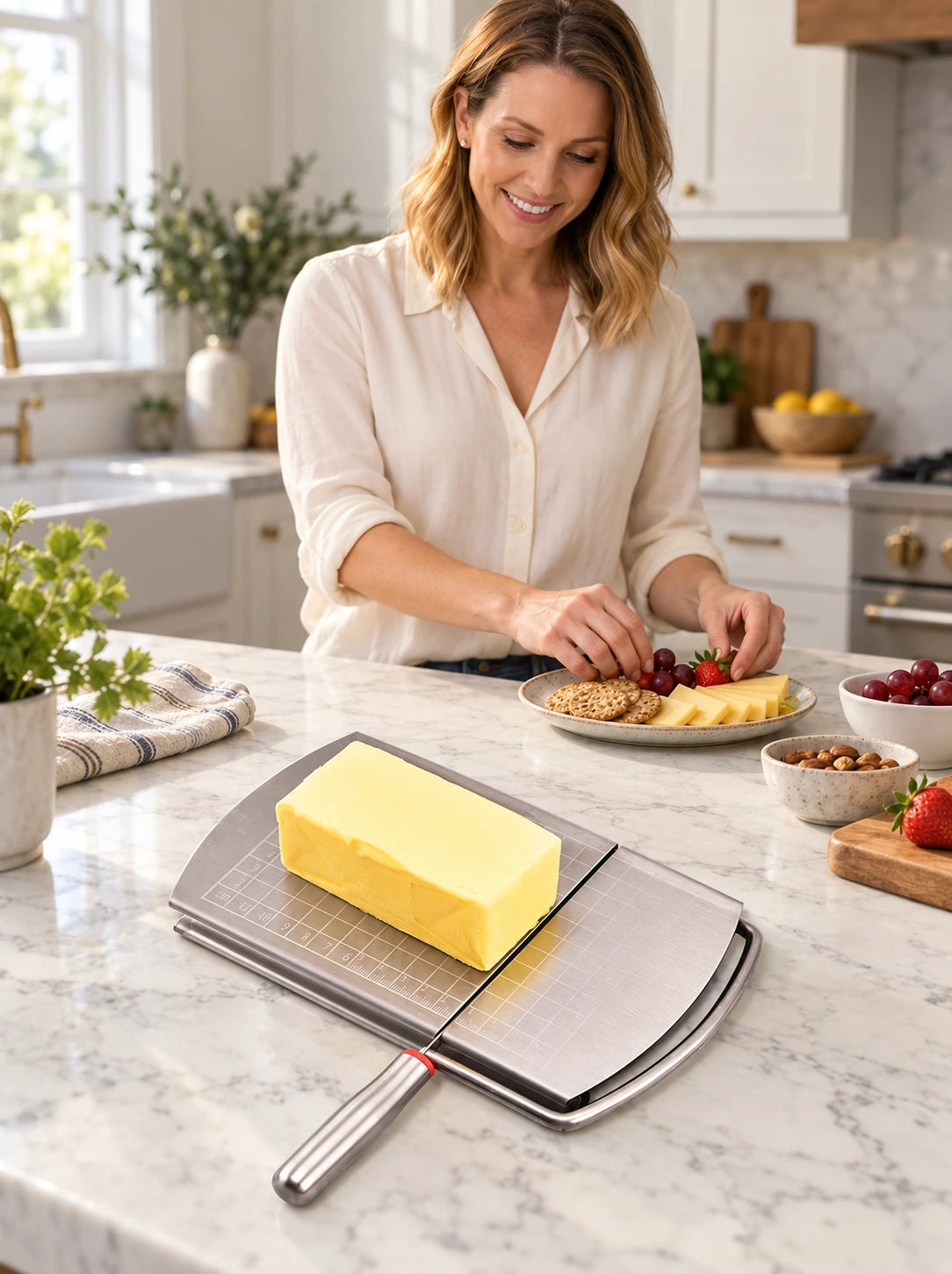 Emma Carter preparing a snack plate with the stainless steel SliceBoard on the counter