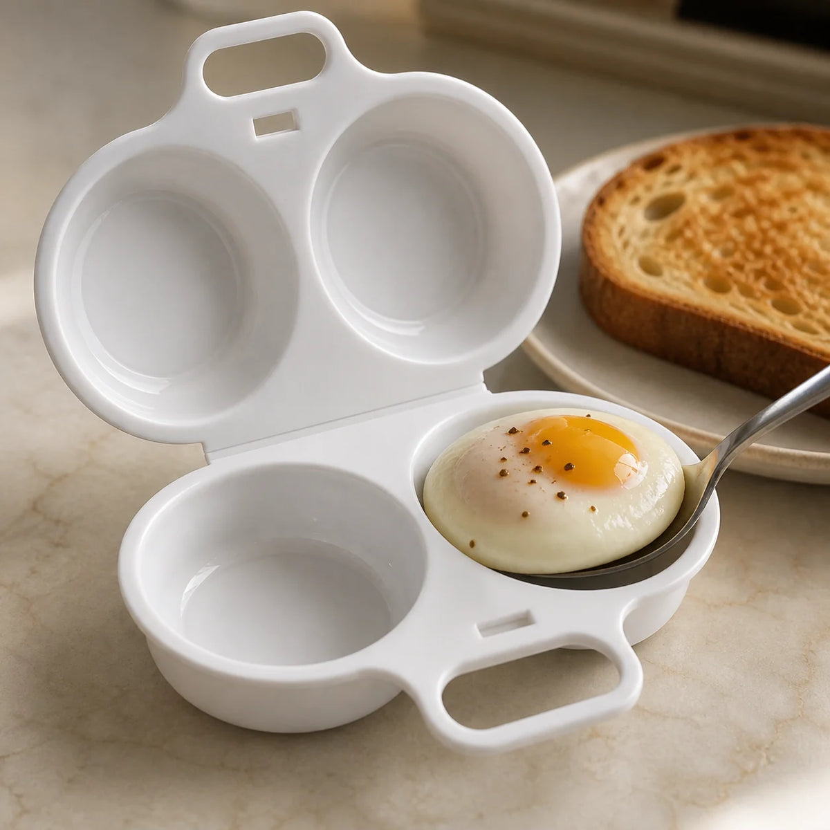 Finished egg being lifted with a spoon from the WAFORA PoachLift Duo egg cup