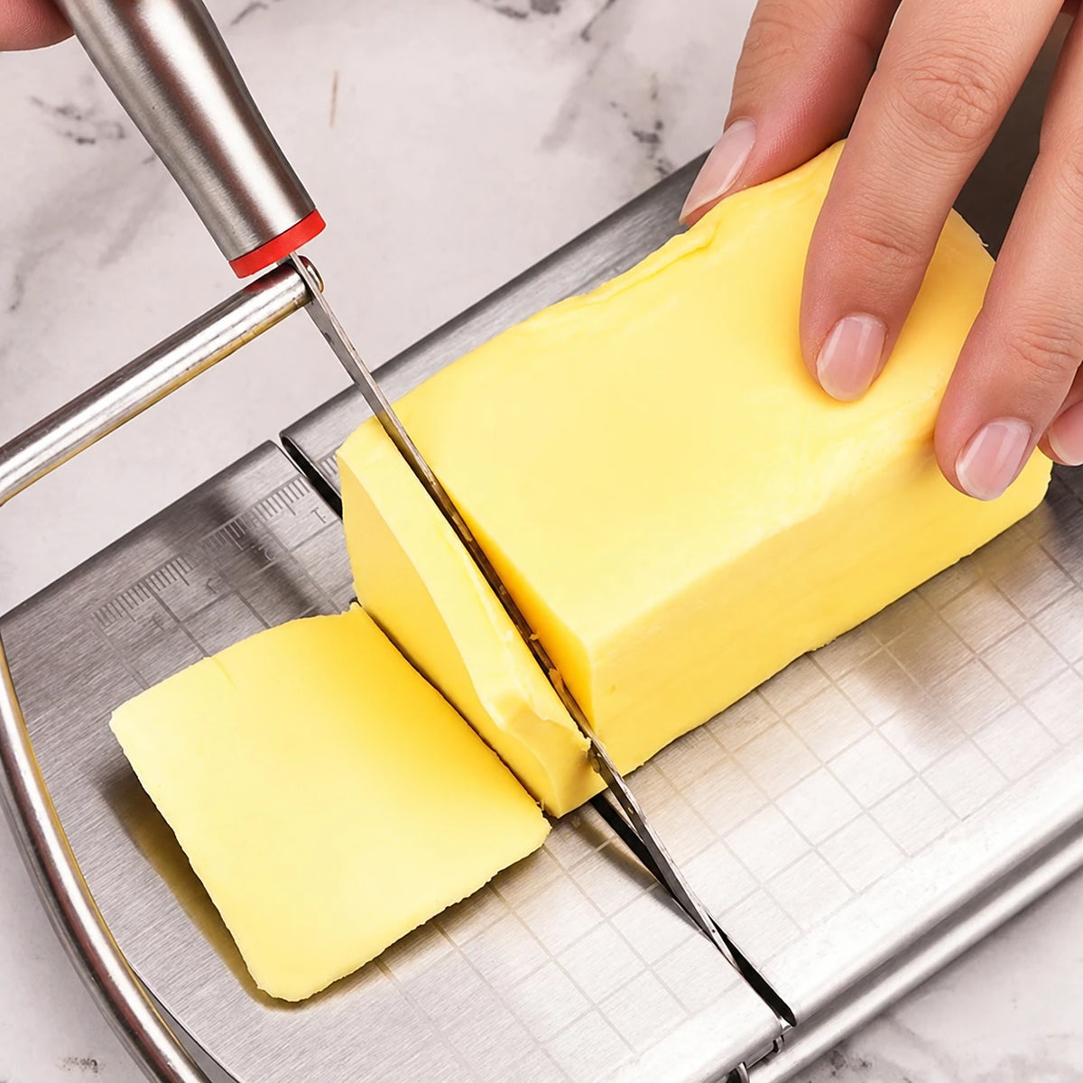 Close-up of SliceBoard's narrow flat stainless steel blade cutting cheese