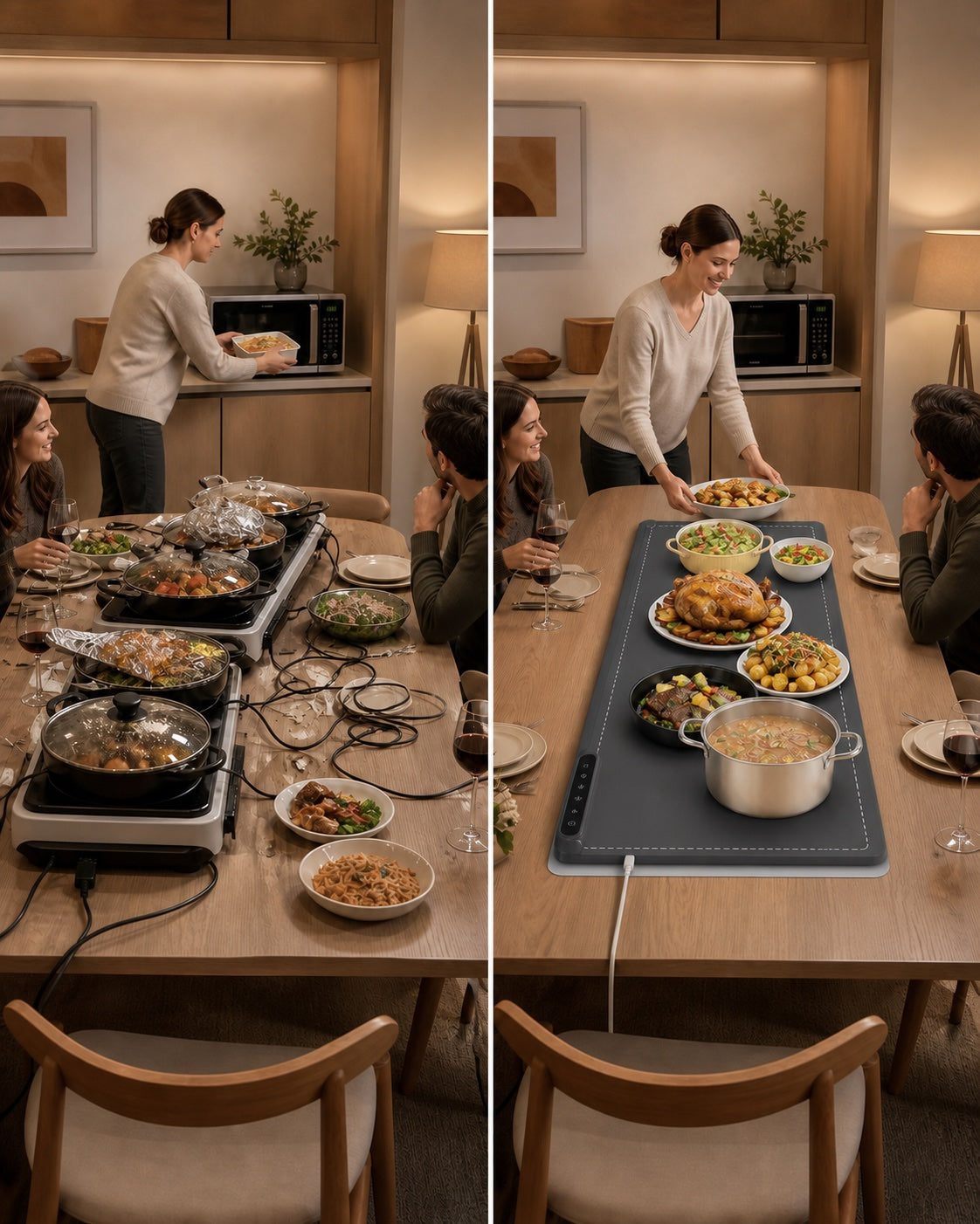 Cluttered traditional warmers compared with the low-profile WAFORA mat