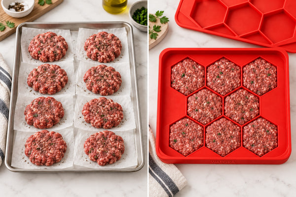 Hand-shaped burgers and individual wrapping beside eight organized patties in WAFORA BurgerBatch.