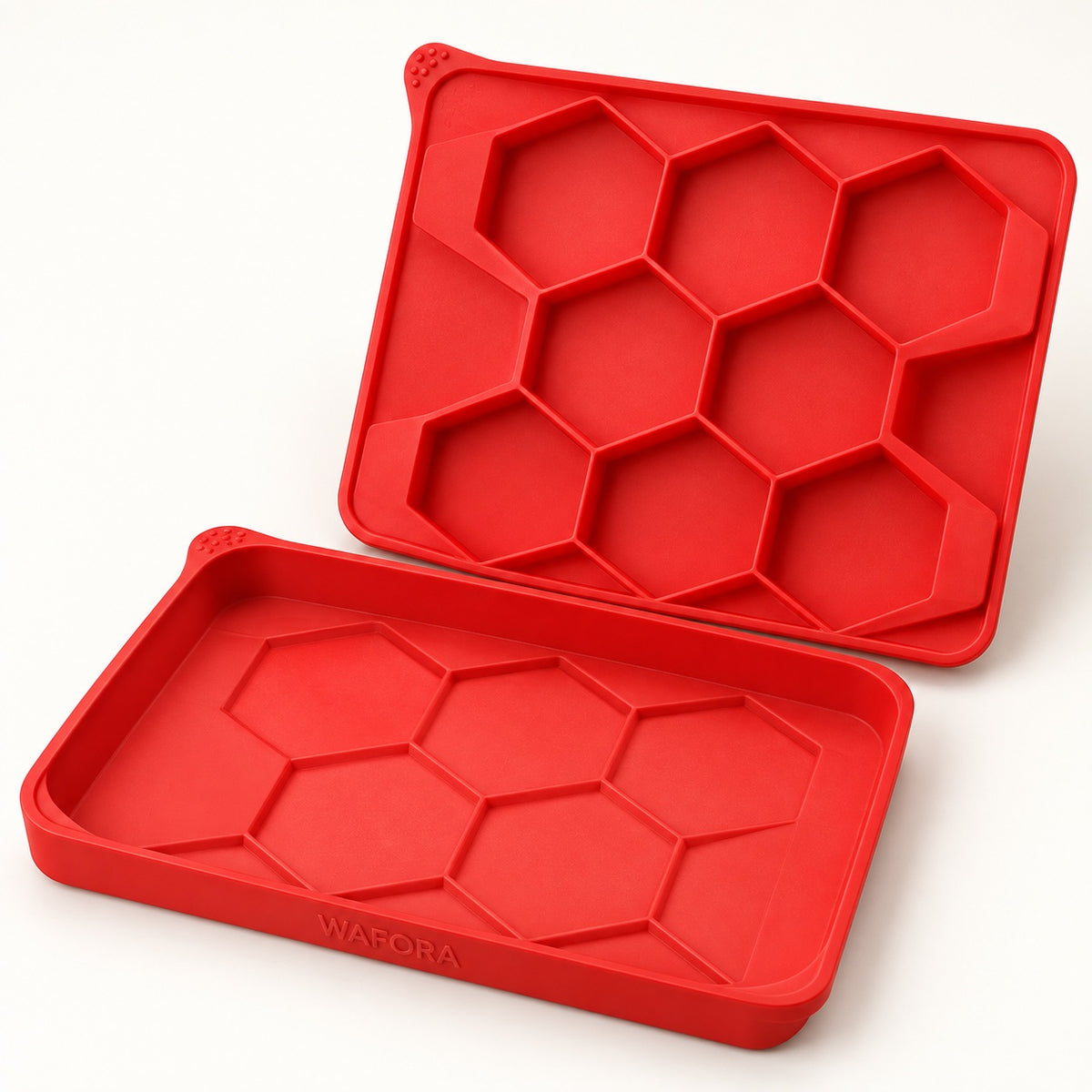 Red WAFORA BurgerBatch eight-patty tray and matching dividing lid on a warm white background.