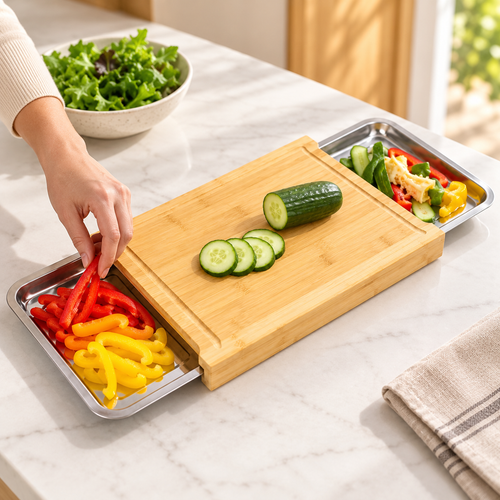 WAFORA PrepStation with cucumber on the bamboo surface and two steel trays for ingredients and scraps.
