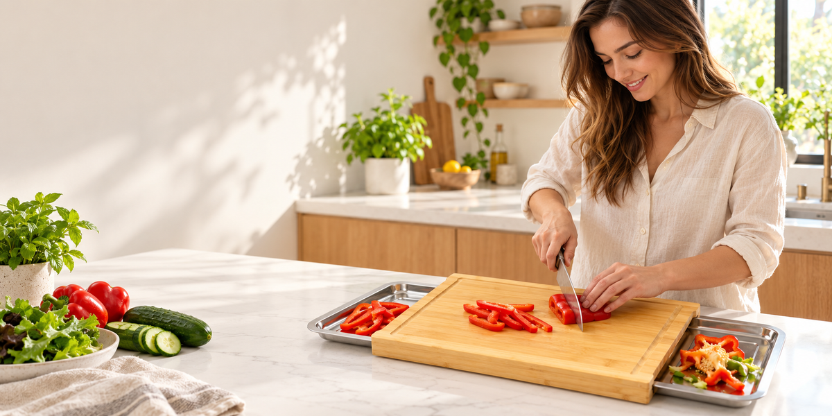 WAFORA PrepStation bamboo chopping board with two steel trays in a sunlit kitchen.
