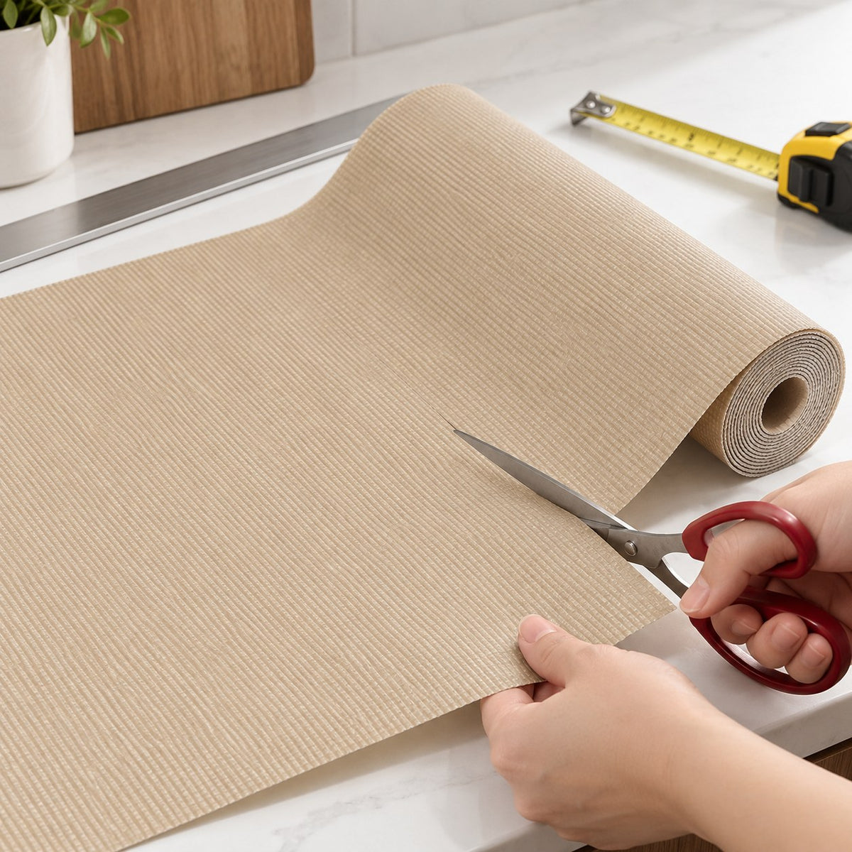Hands trimming Khaki shelf and drawer liner with scissors beside a measuring tape