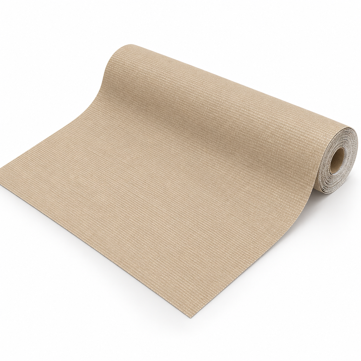 One Khaki shelf and drawer liner roll, partially unrolled on a white background