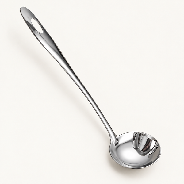 Stainless steel oil separator ladle with long handle and oval hanging slot