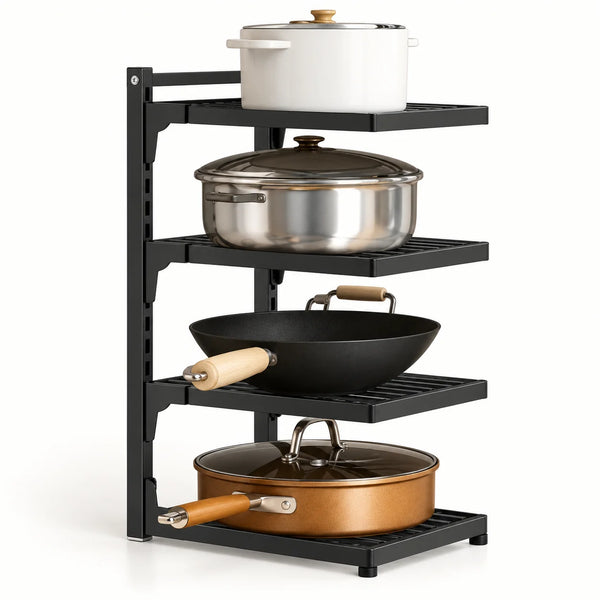 Black WAFORA PanRise four-tier organizer with cookware stored on separate shelves.