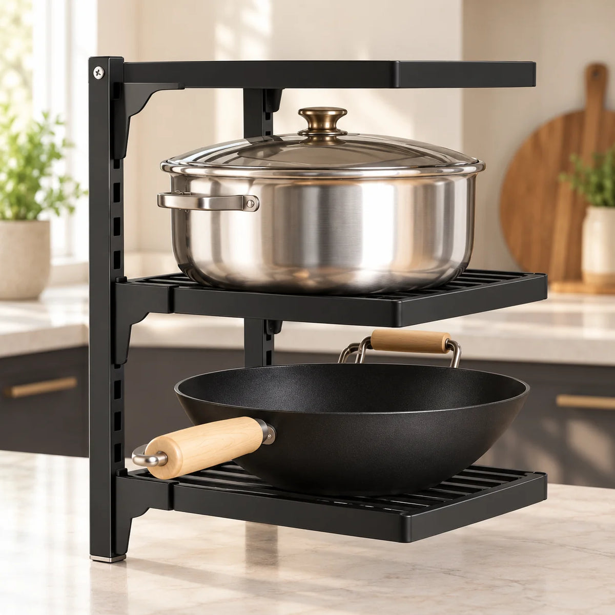 Close-up of a pot and wok on separate shelves of the black WAFORA PanRise organizer.