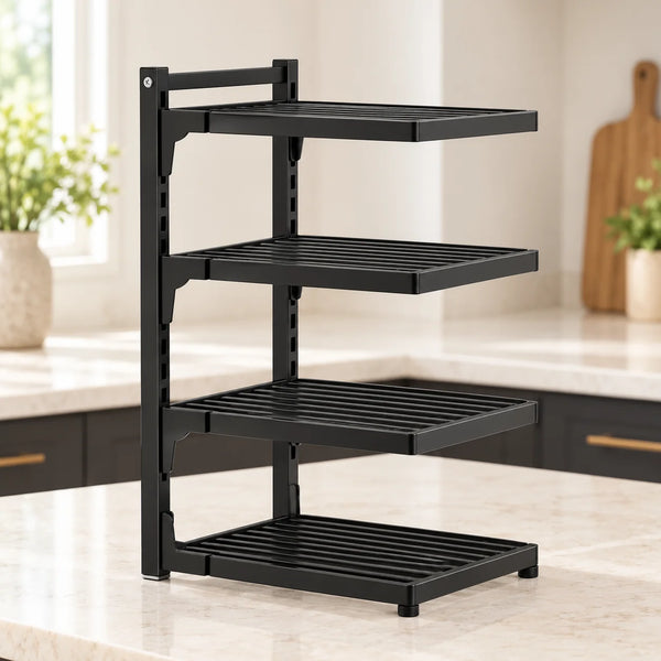WAFORA PanRise black four-tier organizer shown without cookware.