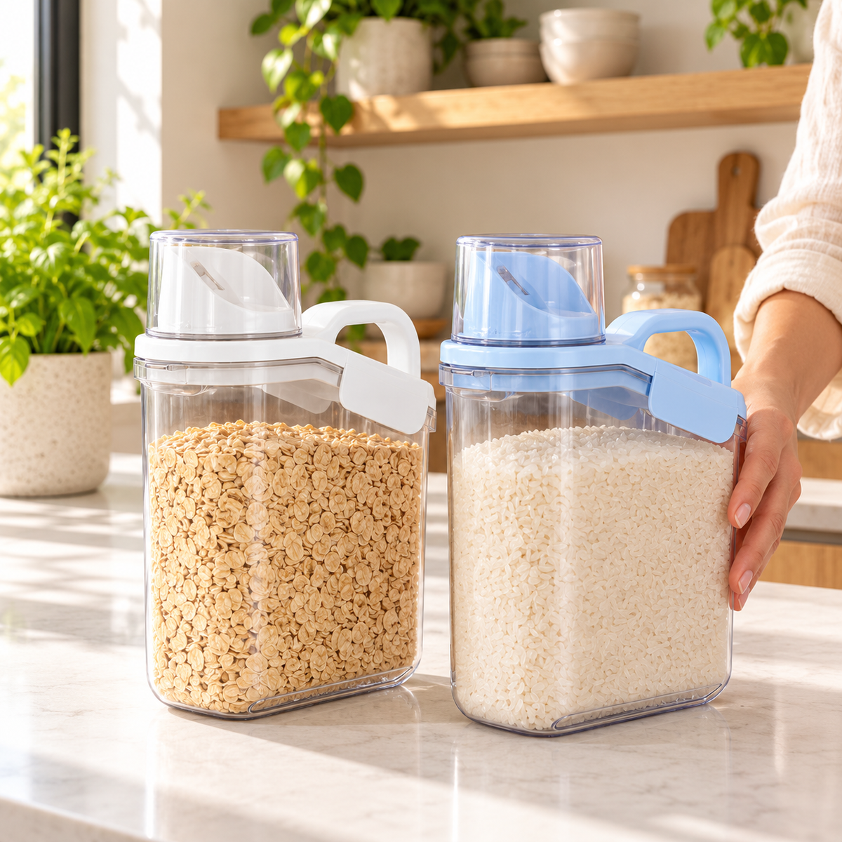 White- and pale-blue-lid WAFORA PourSeal containers with oats and rice.