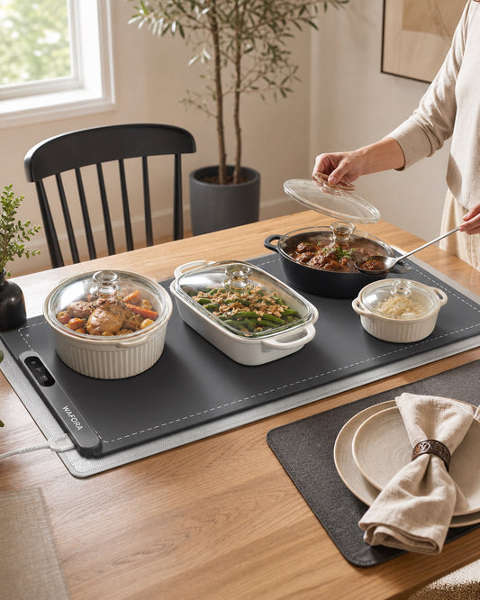 WAFORA™ TableWarm XL Roll-Up Food Warming Mat keeping dishes warm on a dining table