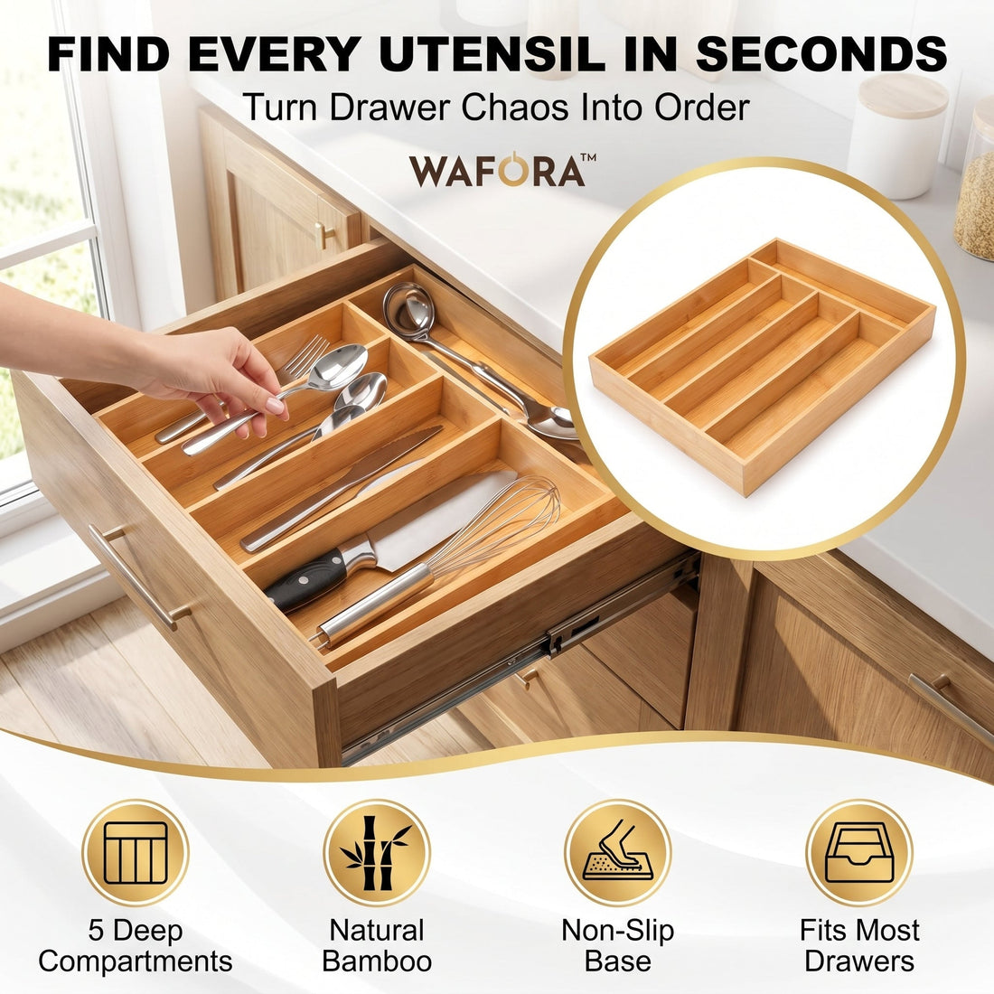 WAFORA Bamboo Drawer Tray utensil and cutlery organizer