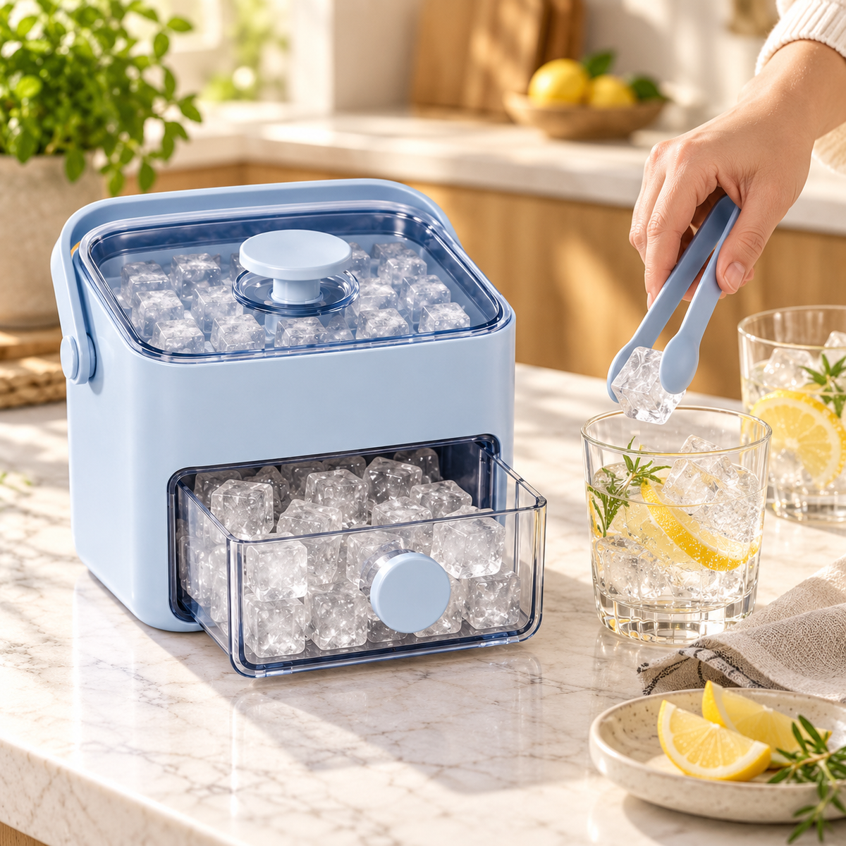 WAFORA IcePress with its storage drawer open and blue tongs serving ice.