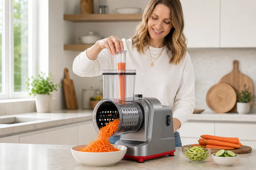 Emma using WAFORA PrepFlow to shred carrot directly into a ceramic bowl