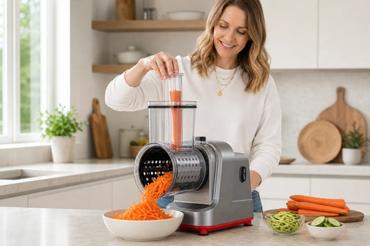Emma using WAFORA PrepFlow to shred carrot directly into a ceramic bowl