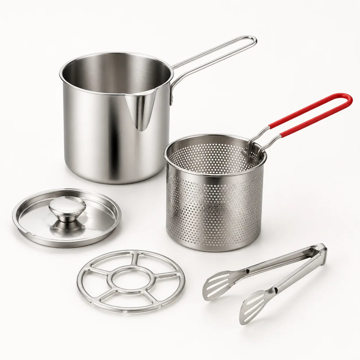 WAFORA Mini Stovetop Deep Fryer five-piece set with pot, basket, lid, trivet, and tongs