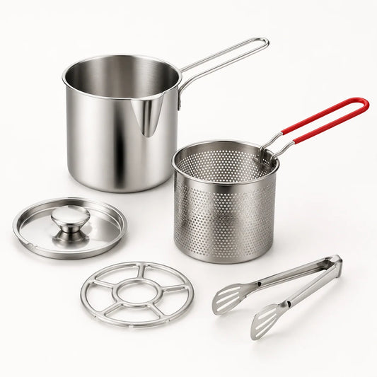 WAFORA Mini Stovetop Deep Fryer five-piece set with pot, basket, lid, trivet, and tongs