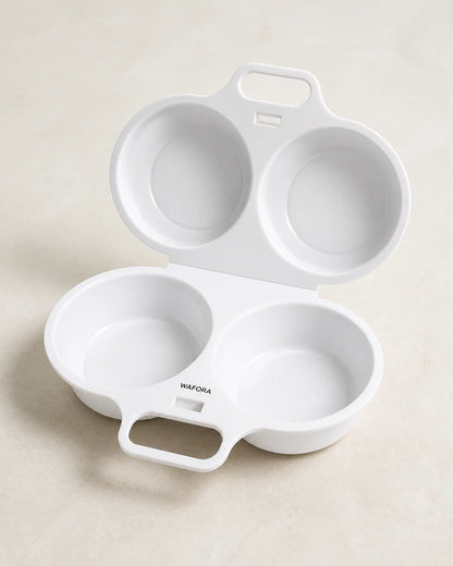 Open white WAFORA PoachLift Duo microwave egg cooker with two round egg cups