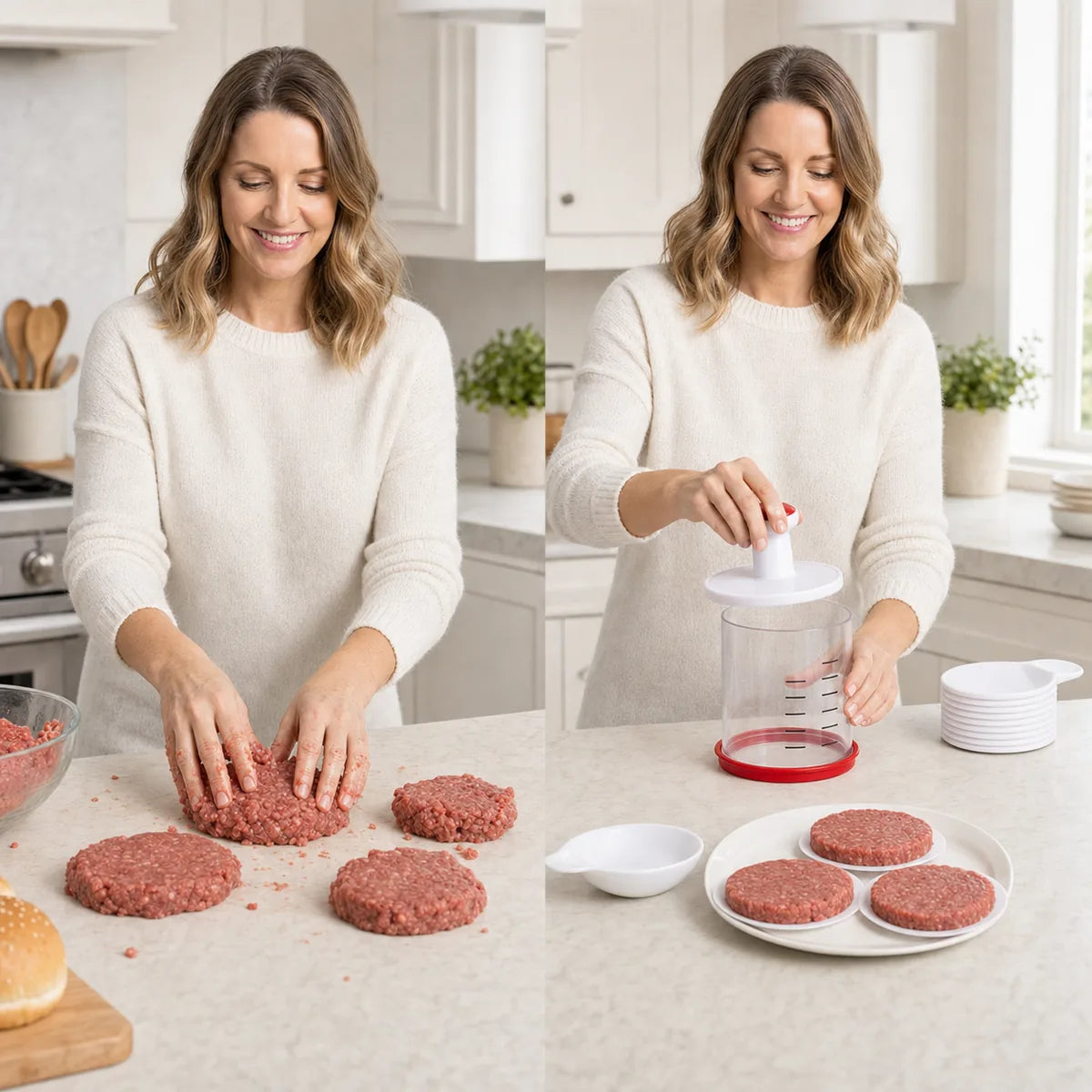 Emma comparing messy hand-shaped patties with neat WAFORA PattyPress preparation