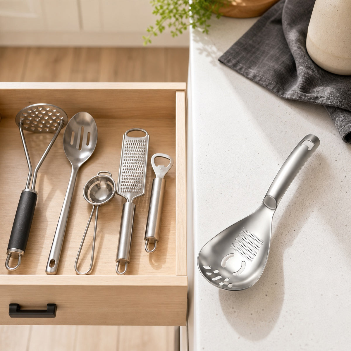 Separate kitchen gadgets beside one WAFORA MashMate multifunction kitchen spoon