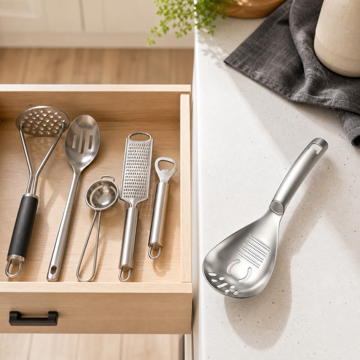 Separate kitchen gadgets beside one WAFORA MashMate multifunction kitchen spoon