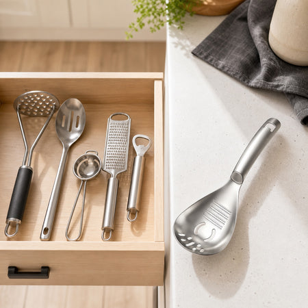 Separate kitchen gadgets beside one WAFORA MashMate multifunction kitchen spoon