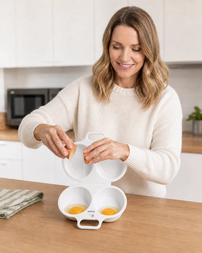 Emma cracking eggs into the two cups of the WAFORA PoachLift Duo in a modern kitchen