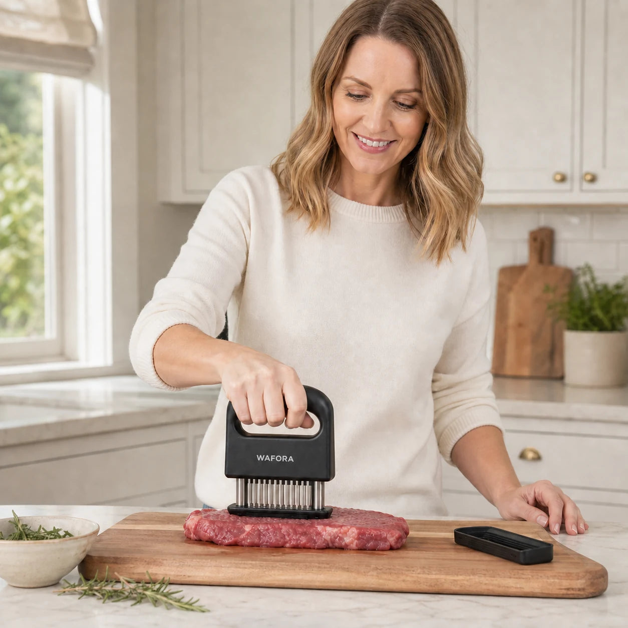 Emma safely pressing the black WAFORA TenderPress into boneless steak on a cutting board with fingers clear of the blades
