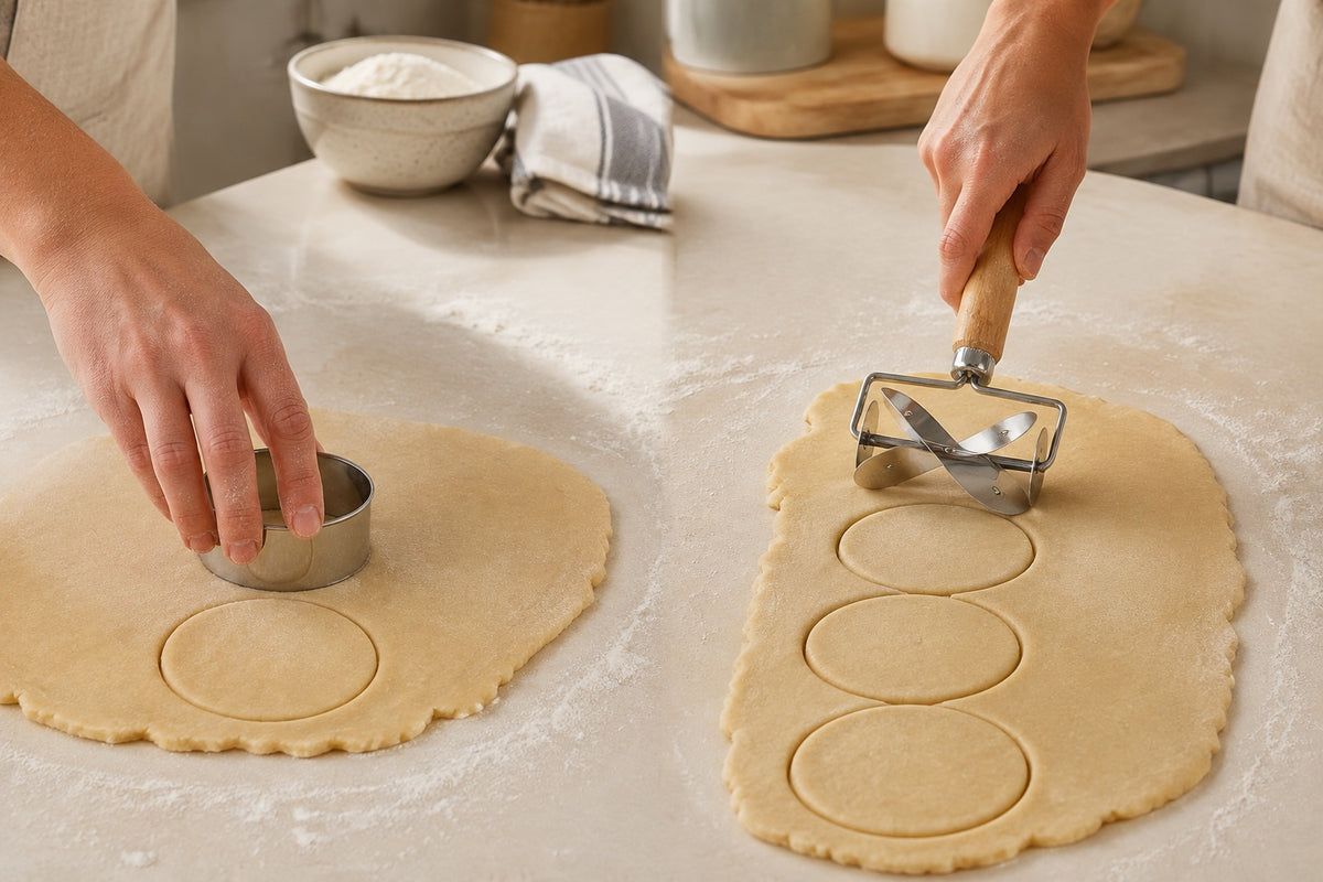 Individual dough cutting compared with the WAFORA rolling dumpling wrapper cutter workflow