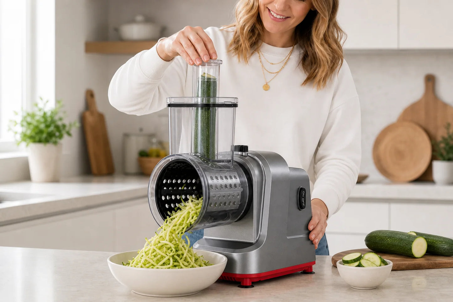 Close view of WAFORA PrepFlow shredding zucchini directly into a bowl