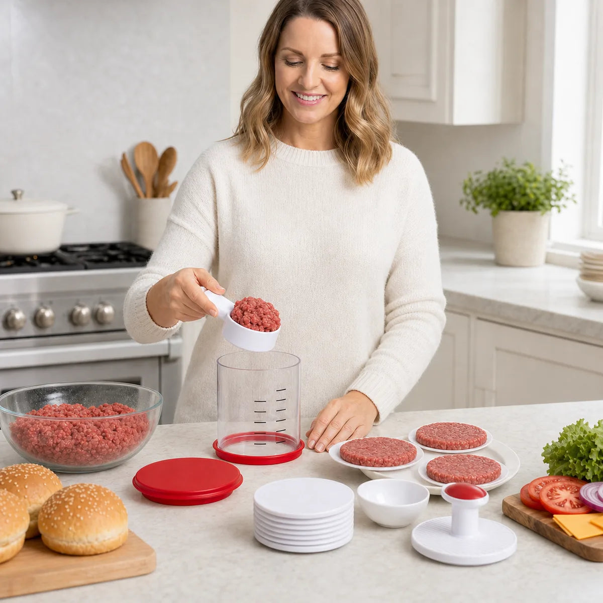 Close-up of Emma portioning ground beef with the included WAFORA PattyPress scoop