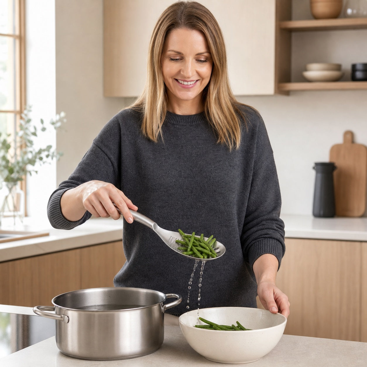 Emma using WAFORA MashMate to lift and drain green beans in a bright kitchen