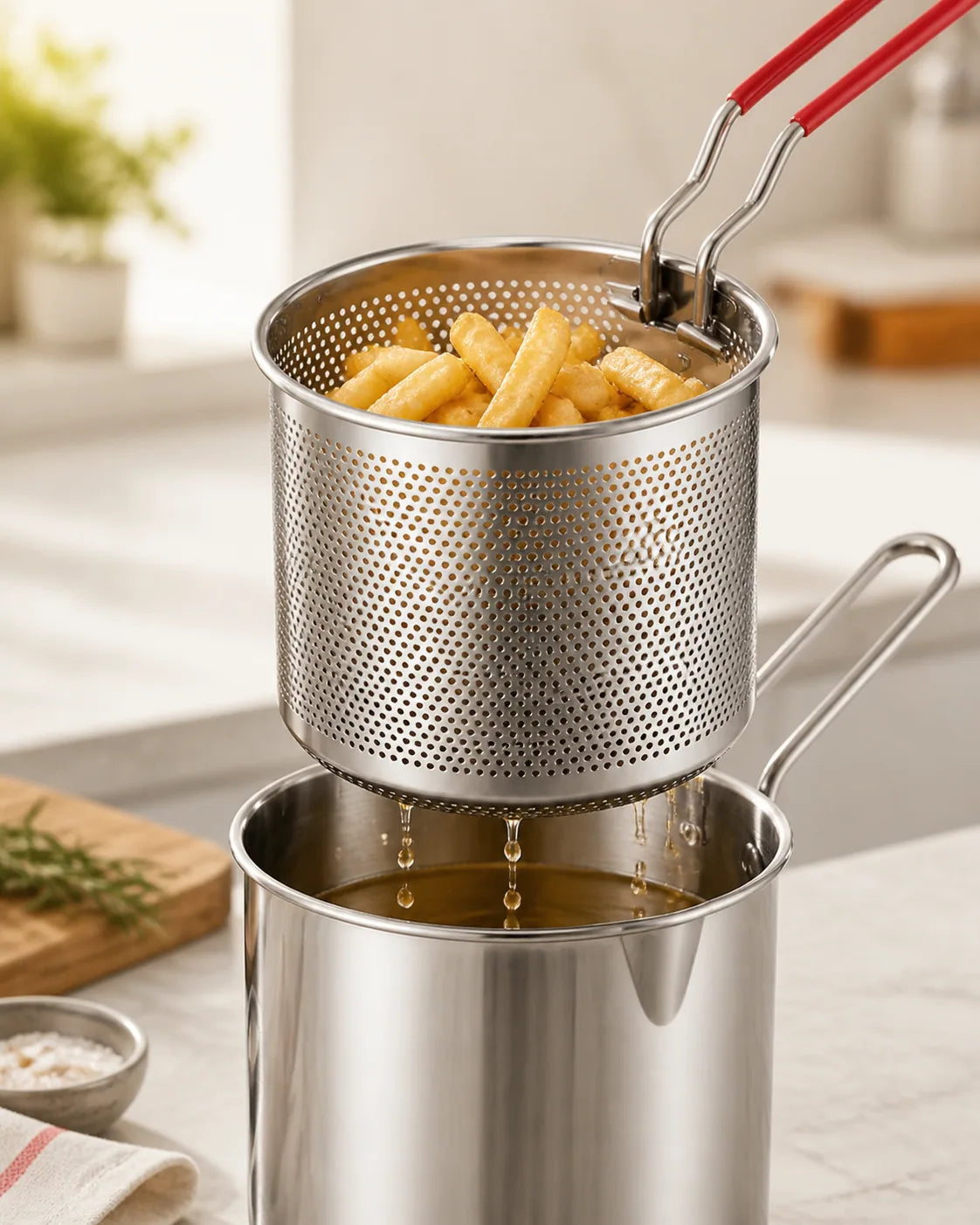 Perforated basket lifting golden fries above the WAFORA Mini Fryer pot to drain