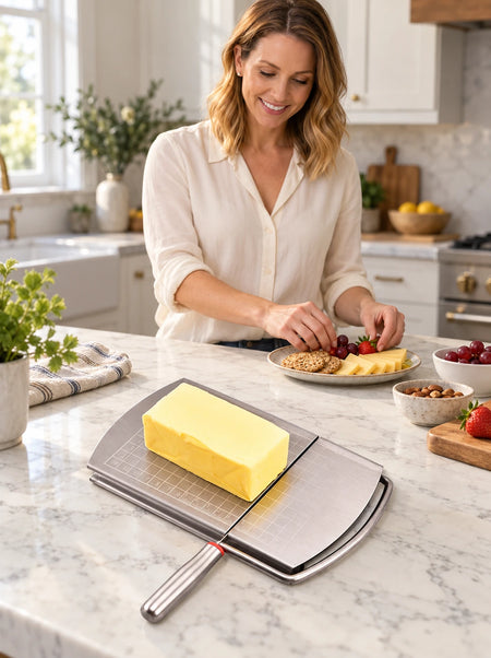 Emma Carter preparing a snack plate with the stainless steel SliceBoard on the counter