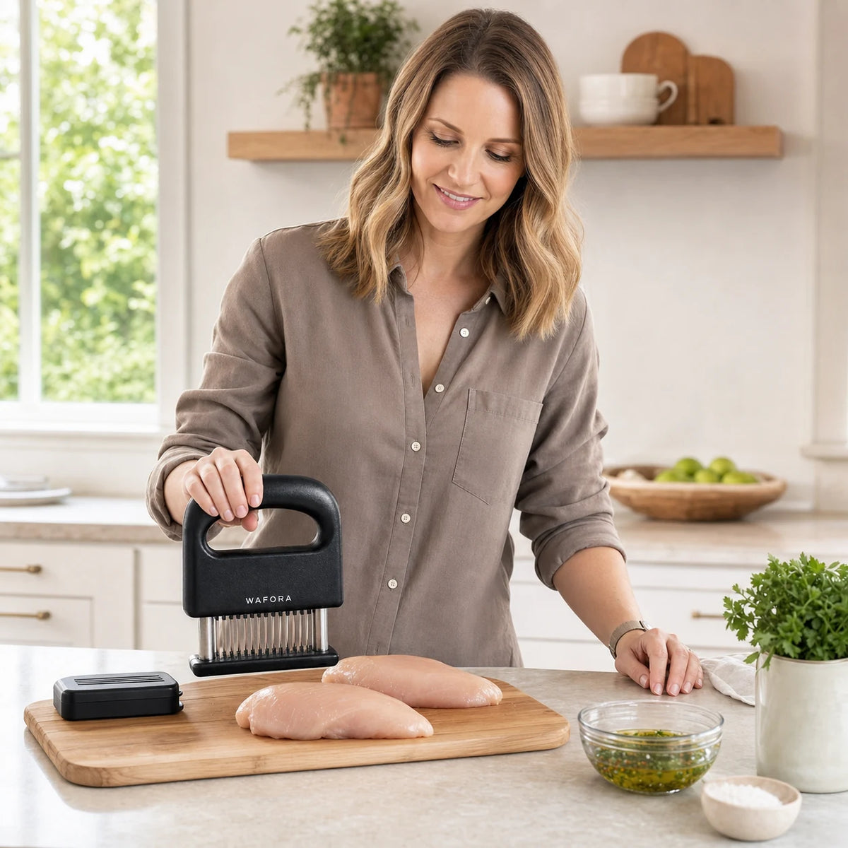 Emma preparing boneless chicken with the black WAFORA TenderPress and its protective cover nearby