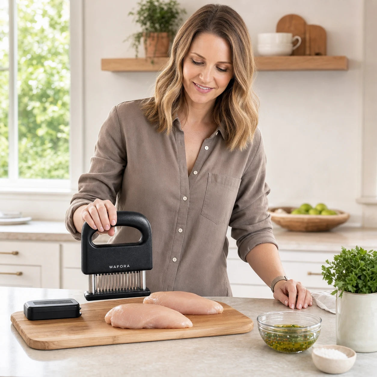 Emma preparing boneless chicken with the black WAFORA TenderPress and its protective cover nearby