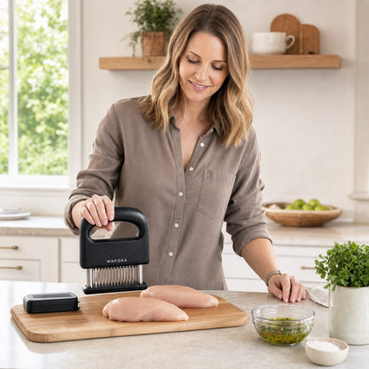 Emma preparing boneless chicken with the black WAFORA TenderPress and its protective cover nearby