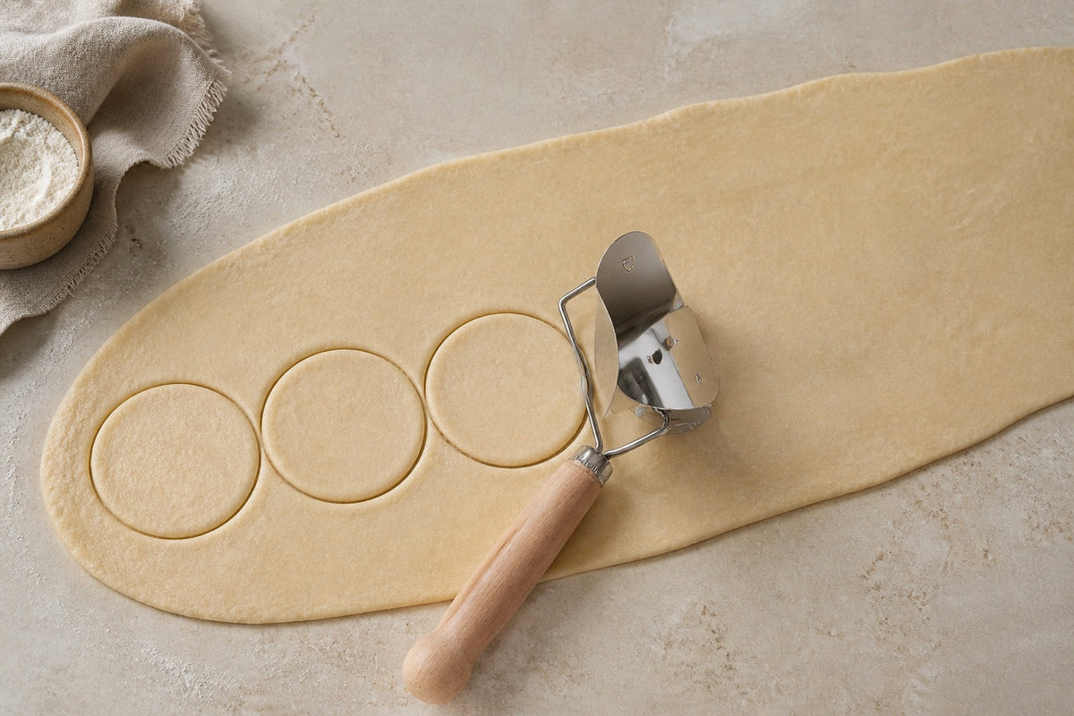 Top view of the WAFORA dumpling skin cutter rolling through dough to create round wrappers