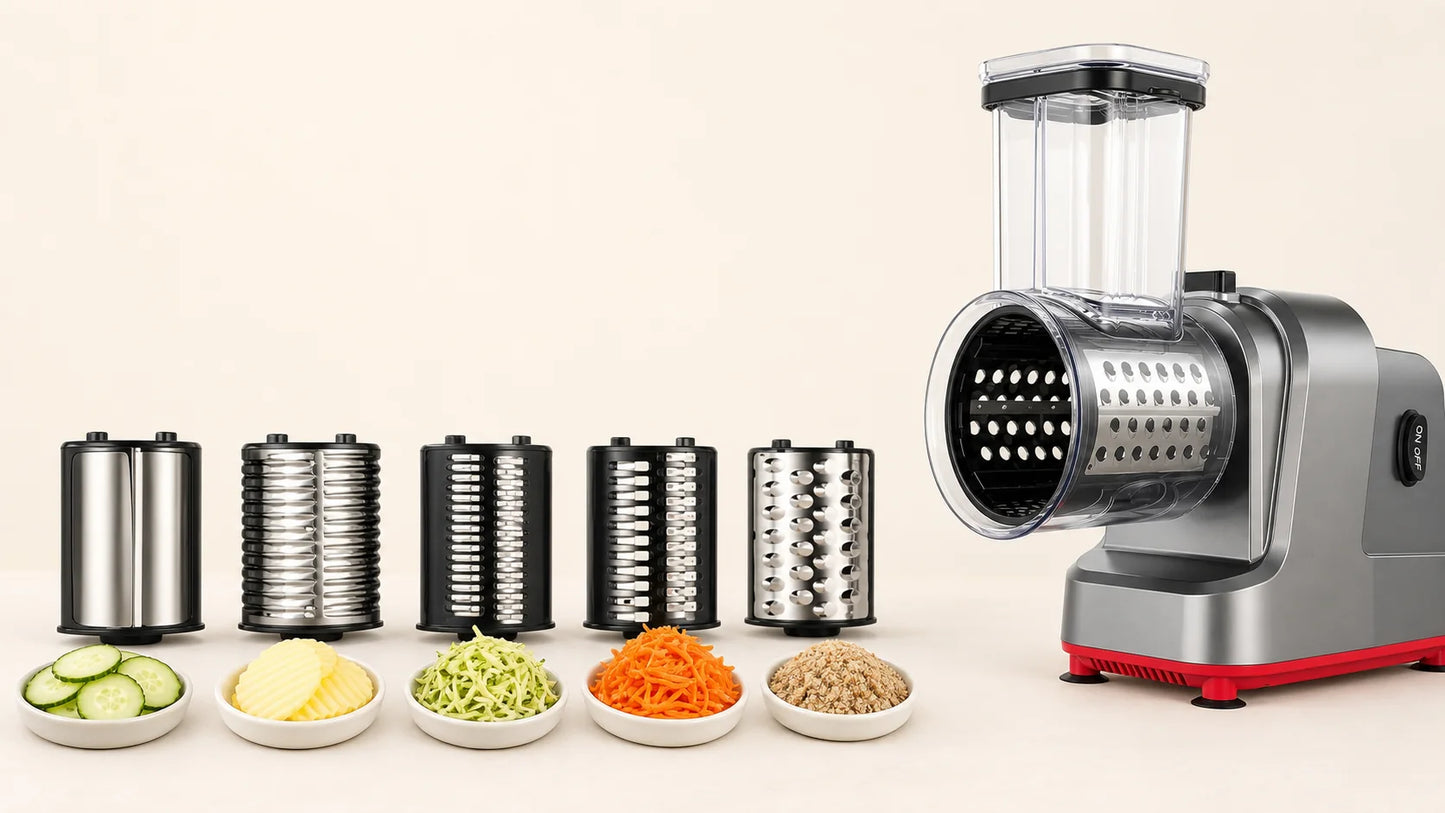 WAFORA PrepFlow with five stainless-steel drums and their food textures