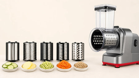 WAFORA PrepFlow with five stainless-steel drums and their food textures