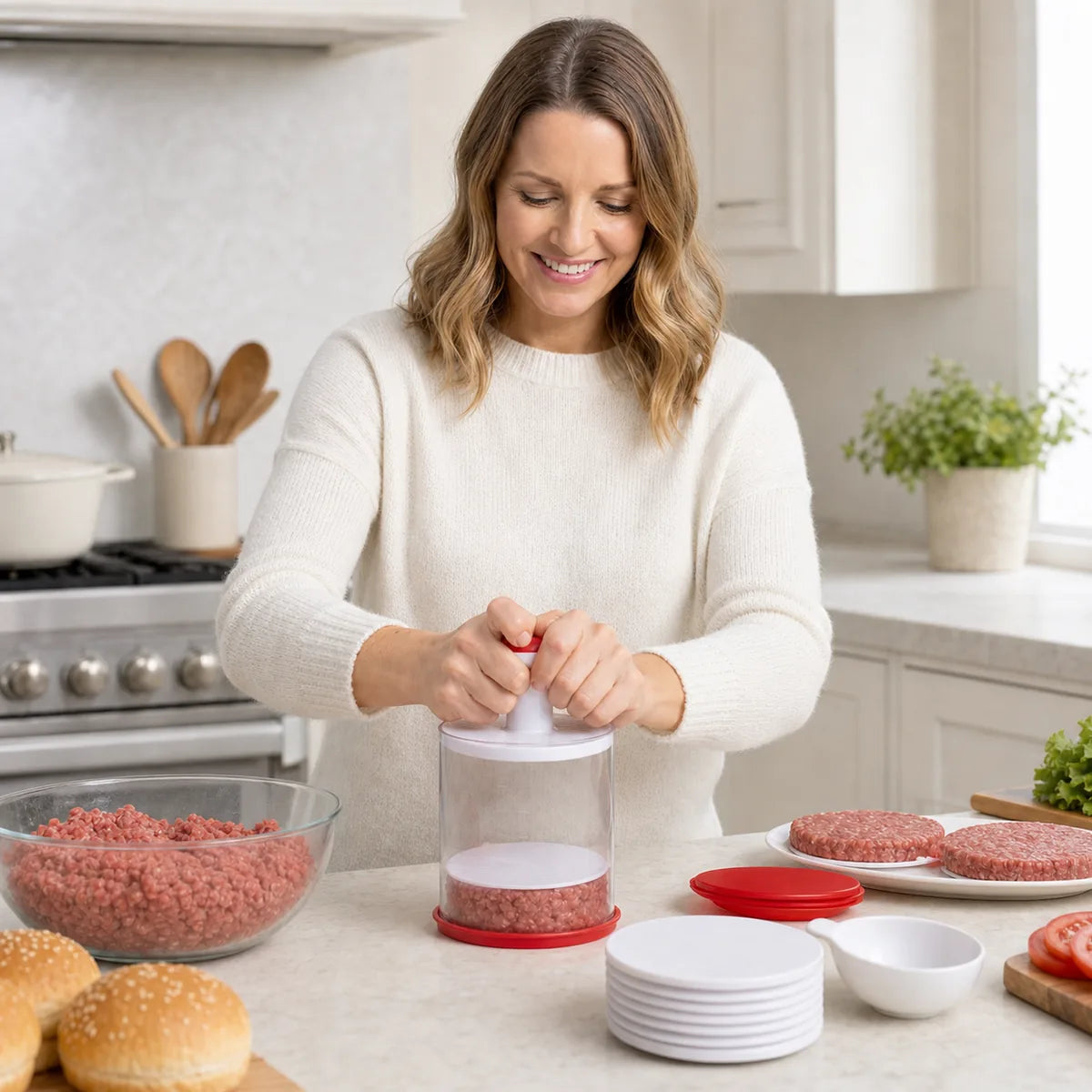 Close-up of Emma pressing ground beef inside the clear WAFORA PattyPress mold