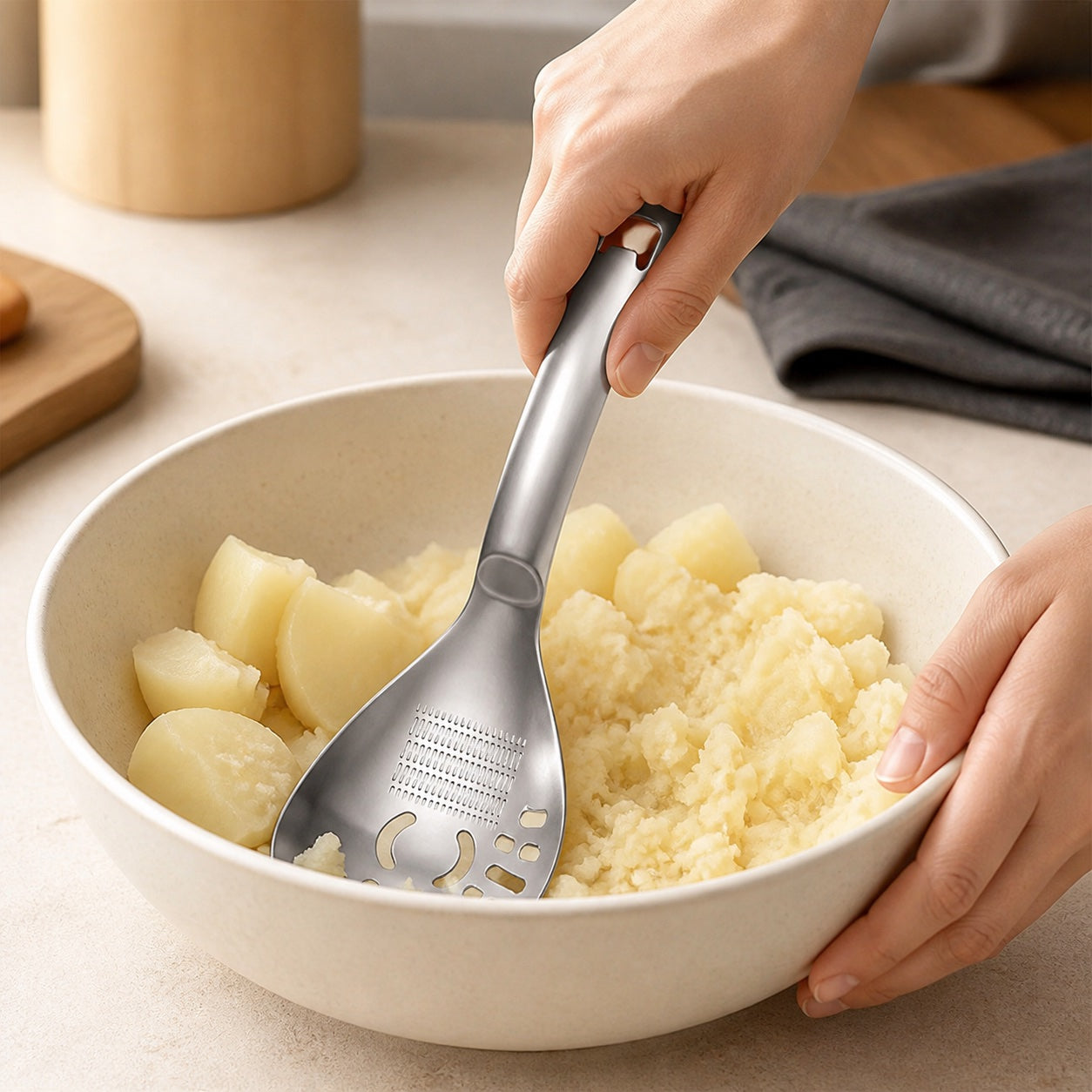 WAFORA MashMate pressing cooked potatoes in a stable ceramic bowl
