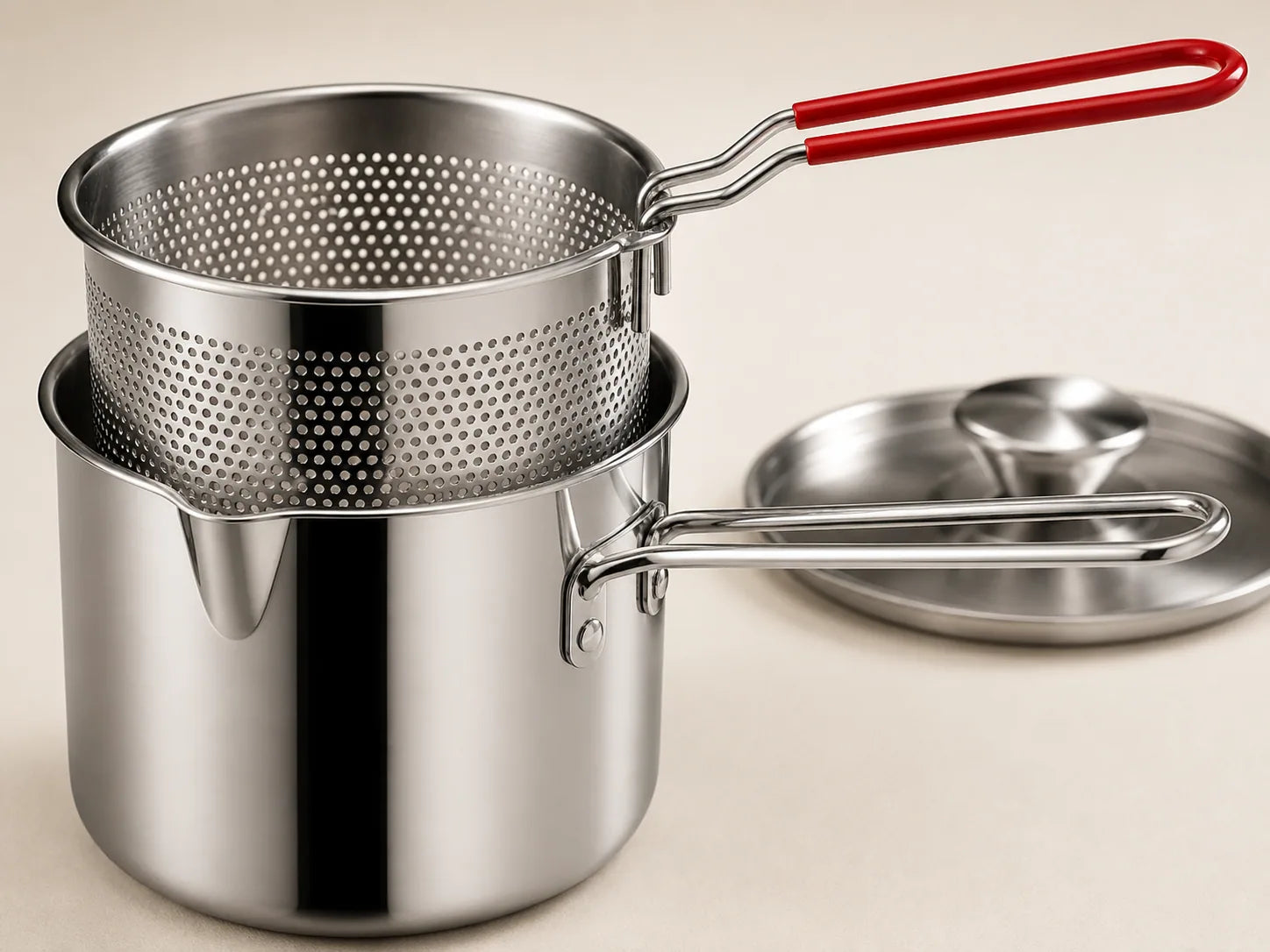 Close-up of the WAFORA Mini Fryer pouring spout, riveted pot handle, and perforated basket