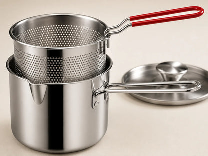 Close-up of the WAFORA Mini Fryer pouring spout, riveted pot handle, and perforated basket
