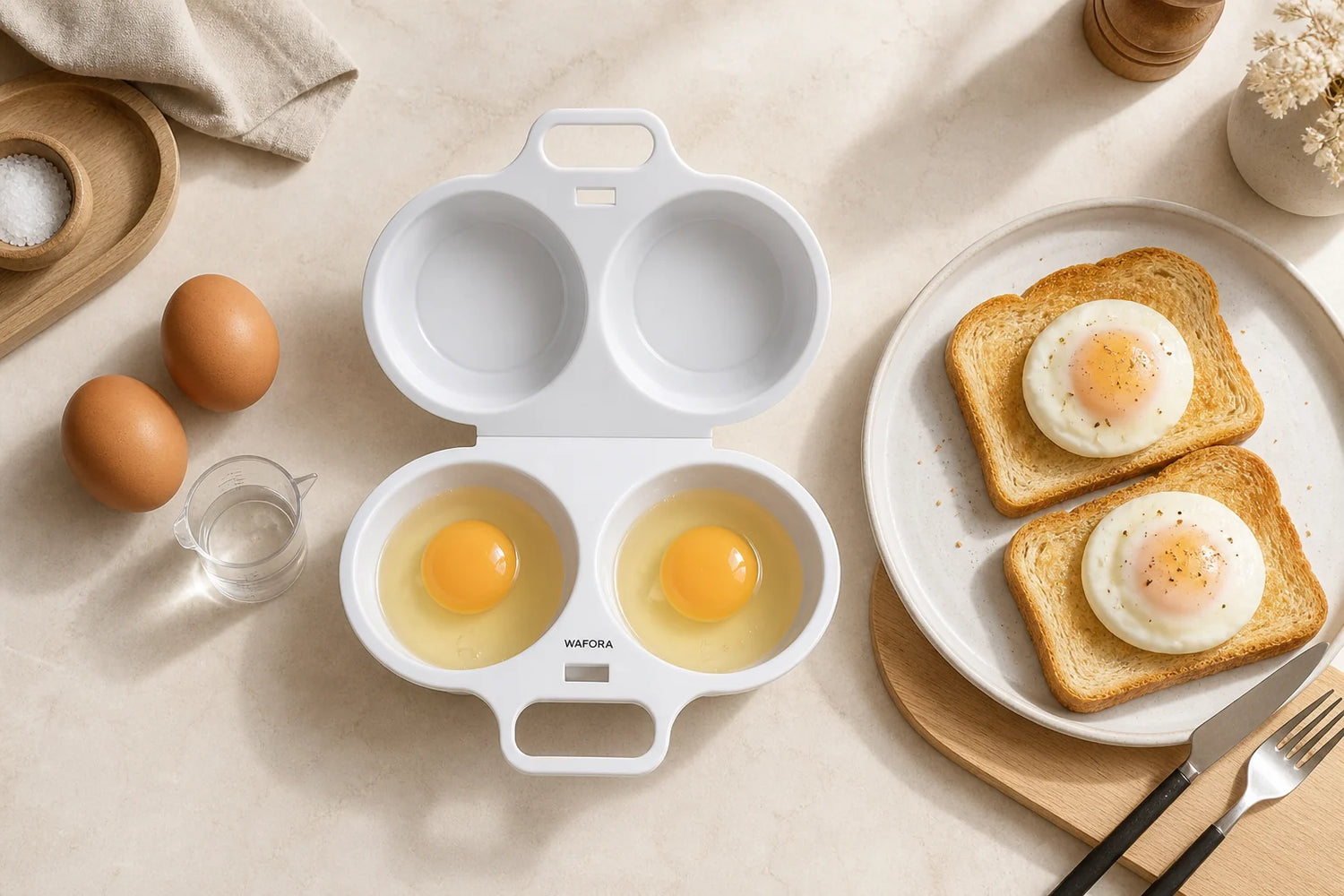 Egg preparation sequence from whole eggs to PoachLift Duo cooker to finished eggs on toast
