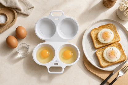 Egg preparation sequence from whole eggs to PoachLift Duo cooker to finished eggs on toast