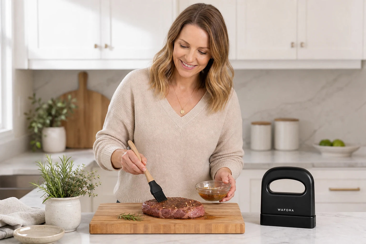 Emma brushing marinade onto steak beside a covered black WAFORA TenderPress meat tenderizer